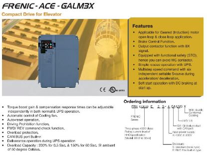 Picture of Comfort Drive for Elevator (Frenic-Ace-GALM3X)-3Phase, 400VAC, Applicable Standard Motor:7.5kW, Rated Output Current:18A